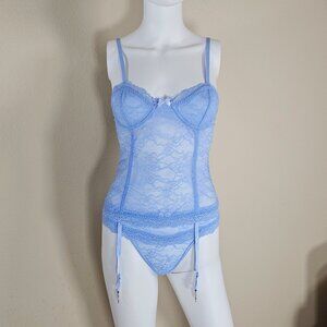 Magic Silk Ooh La Lace Blue Bustier and Panty Lingerie Set, Size S/M